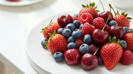 Obraz premium Berries closeup colorful assorted mix of strawberry, blueberry, raspberry and sweet cherry on a white table