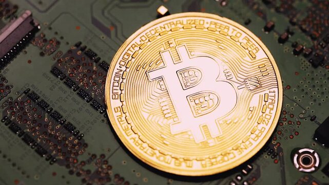 Bitcoin rotates in slow motion against a backdrop of board with integrated circuits. Bitcoin as background or illustration and copy space for text
