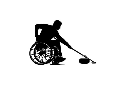 Wheelchair Curling Athlete Silhouette, Winter Paralympic Sports Vector Sticker, Adaptive Curling Stone Delivery Icon