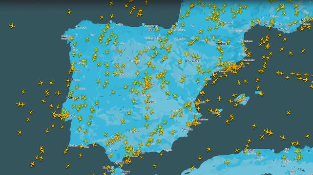Time lapse of aircraft traffic over the Iberian Peninsula, Aviation radar display visualizing active flights routes and navigation data