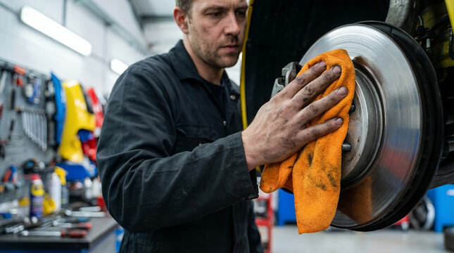 Close-up of a male mechanic wiping the discs on a car wheel in a workshop with an cloth
