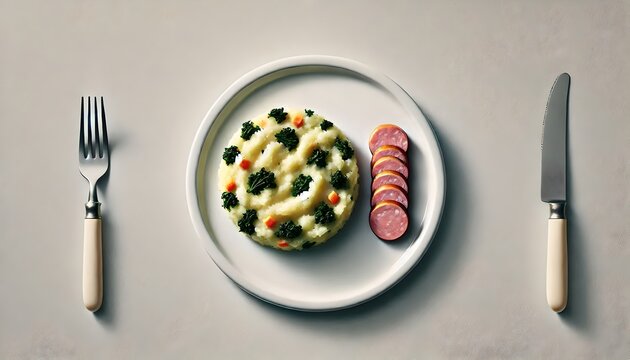 Minimalist Dutch stamppot or smoked bratwurst meal artistically arranged with kale and potato mash on a ceramic dish.