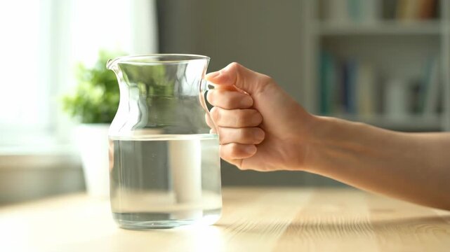 Water pitcher on wood table with hand, bright window background