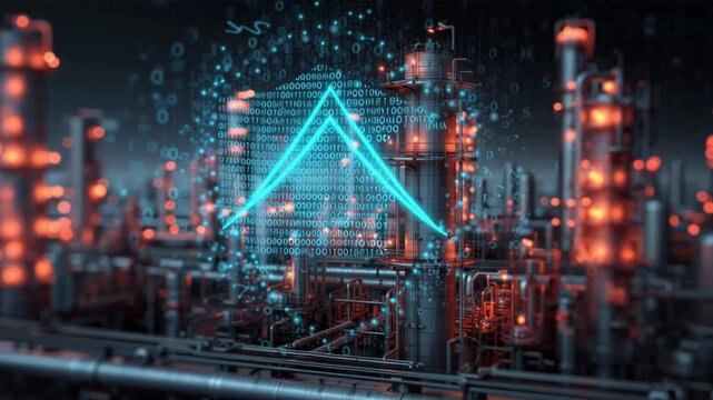 Cyberattacks critical infrastructure. Critical infrastructure cyber breaches. Cyber protection. Digital shield lock symbol over industrial refinery for cybersecurity protection