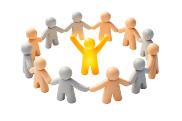 Orange and grey clay figures holding hands in a circle around a glowing yellow figure, teamwork and leadership concept, isolated on white