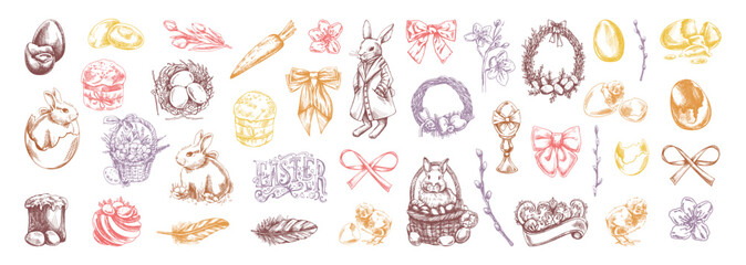Hand drawn vintage easter illustration set with rabbit eggs basket wreath cake ribbon feather spring elements © Mariia Mazaeva