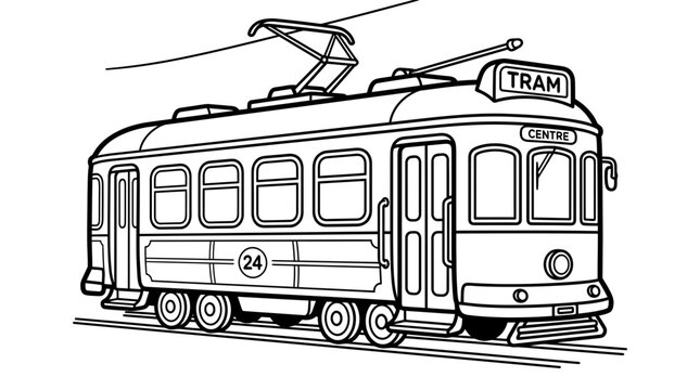 Vintage tram illustration, black and white line art, public transport concept