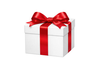 Fototapeta premium White square gift box with shiny red satin ribbon and bow, isolated on white