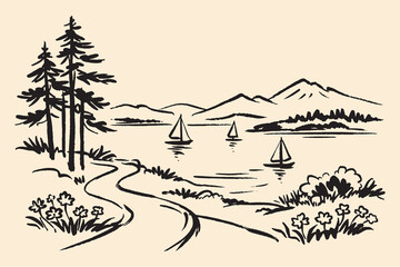 Naklejka premium Lake mountain sailboats ink sketch vector illustration