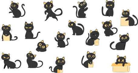Black cats in different poses and angles, set, flat style, vector © zolotons