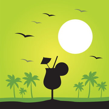 Silhouette of Fisherman at Sunset on Tropical Beach with Palm Trees and Flying Birds