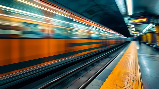 Fast moving train at a subway station with blurred motion effect