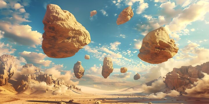 Surreal desert landscape with floating rocks and cloudy sky