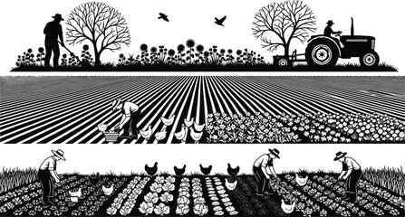 Farm agriculture landscape silhouette illustration, farmers harvesting crops, tractor in field, rural farming life scene, organic vegetable garden countryside © MDTAHMID