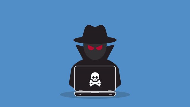 Cybersecurity Hacker Attack Animation &ndash; Anonymous Cyber Criminal with Laptop and Malware Skull Symbol, Internet Security Threat, Data Breach, Phishing, Ransomware and Hacking Concept
