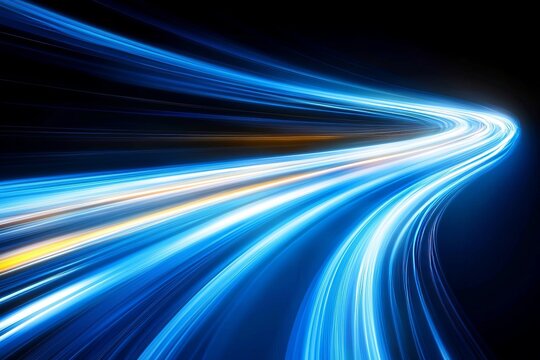 Abstract Blue Speed Light Lines and Motion Blur Effect on Curved Highway Road at Night Imagery