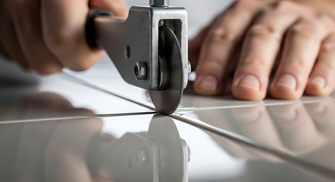 Close-up of hands guiding a manual tile cutter scoring a ceramic tile surface