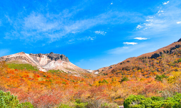 栃木県那須郡那須町　秋の紅葉に染まる姥ヶ平と茶臼岳の風景