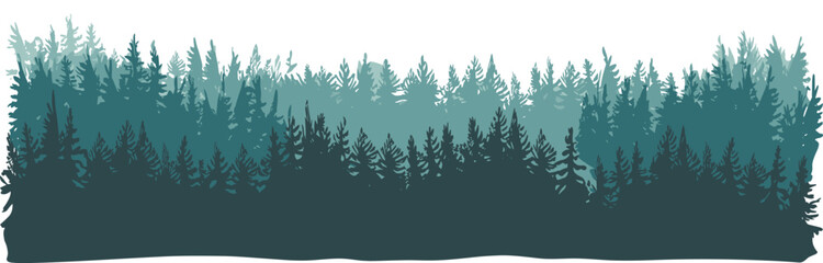 Evergreen pine forest landscape silhouette, misty coniferous woods border, mountain wilderness nature scenery, winter spruce and fir timber vector design © Al