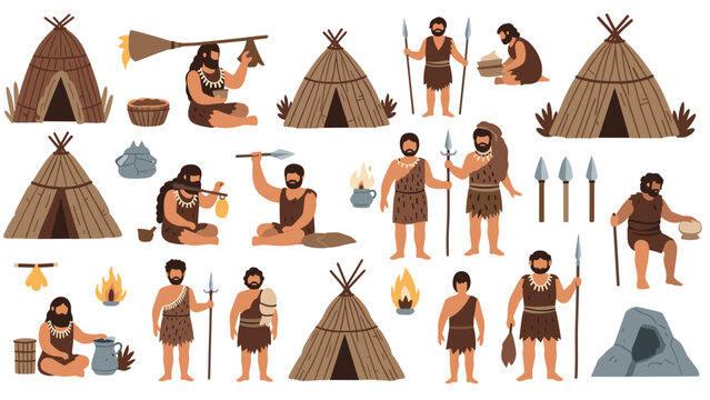 Prehistoric cavemen characters and elements like huts fire and spears are shown in a flat illustration set.