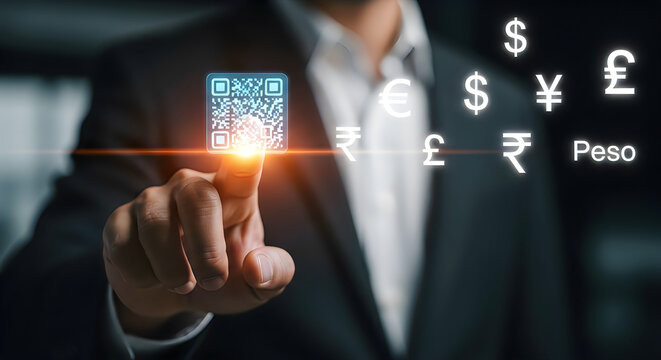 Business professional activating financial and tech icons on a holographic screen