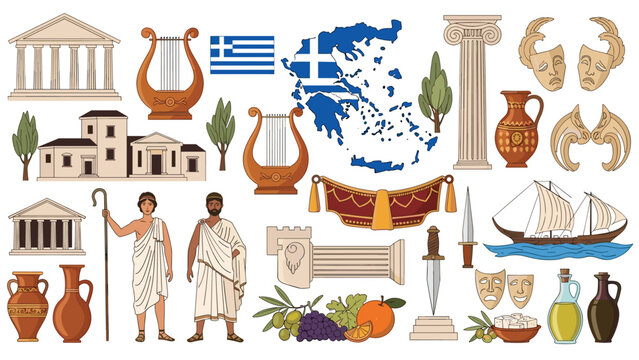 Ancient Greek history and culture collection featuring the Parthenon, traditional lyres, amphorae, people in robes, and a map of Greece.
