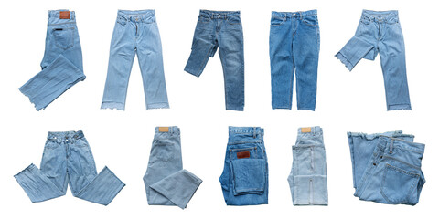 Collection of denim jeans isolated on transparent background PNG.