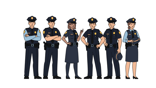 Team of male and female police officers in blue uniforms stands together representing law enforcement and public safety.