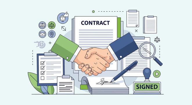 Business agreement, handshake contract, partnership deal, corporate handshake