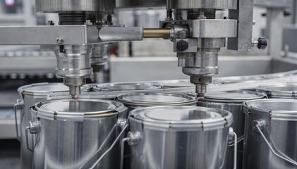Medium shot of leverlid paint cans undergoing seamless crimping and tight sealing by advanced mechanical presses in a factory setting.