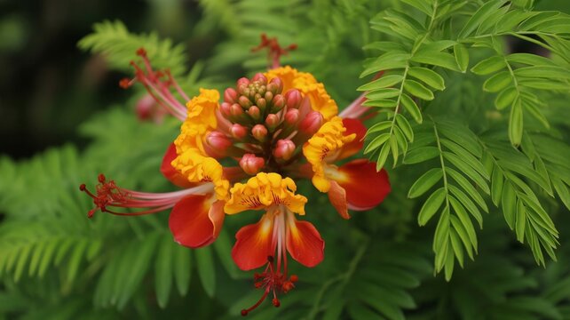 Vibrant close up captures a flamboyant red and yellow poinciana flower surrounded by lush greenery on a tree