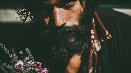 Moody portrait of bearded man with flowers in sunlight