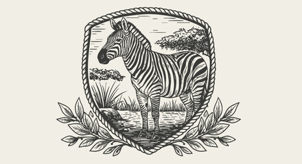 Fototapeta premium vintage zebra illustration in natural landscape framed by rope and leafy branches