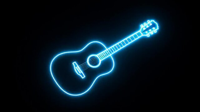 Glowing neon guitar icon isolated on black background. Acoustic guitar. Music instrument icon. 4k video animation.