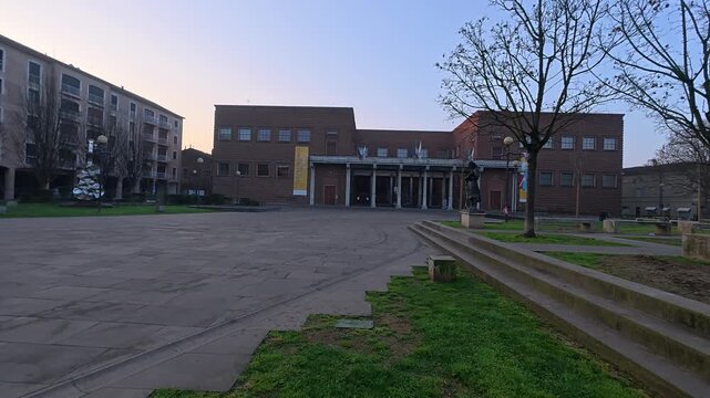 Cremona's Palazzo dell'Arte and Piazza Marconi square in the early morning light
