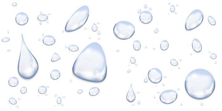 Falling transparent blue water drop set for design. Realistic blue water droplets vector mockup on transparent background PNG. Pure clear blue water drops and condensation on window.
