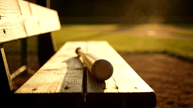 Baseball bat on wooden bench outdoors.
