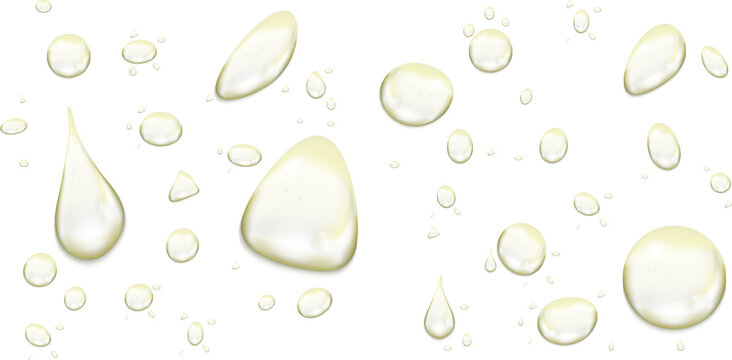 Falling transparent yellow water drop set. Realistic yellow water droplets vector mockup on transparent background PNG. Pure clear yellow water drops for rain day drop water concept.