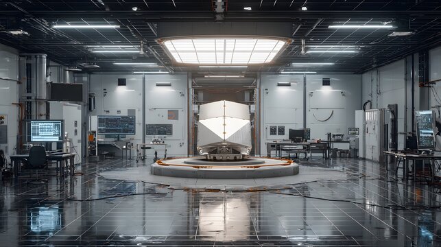 Highly realistic image of an empty aerospace engineering robotics bay, featuring a partially assembled sleek satellite on a testing stand.