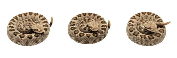 Obraz premium Realistic set of coiled rattlesnakes with diamond pattern isolated on white background transparent png