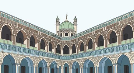 Islamic architecture, mosque courtyard, arched colonnade, green dome © Wasif