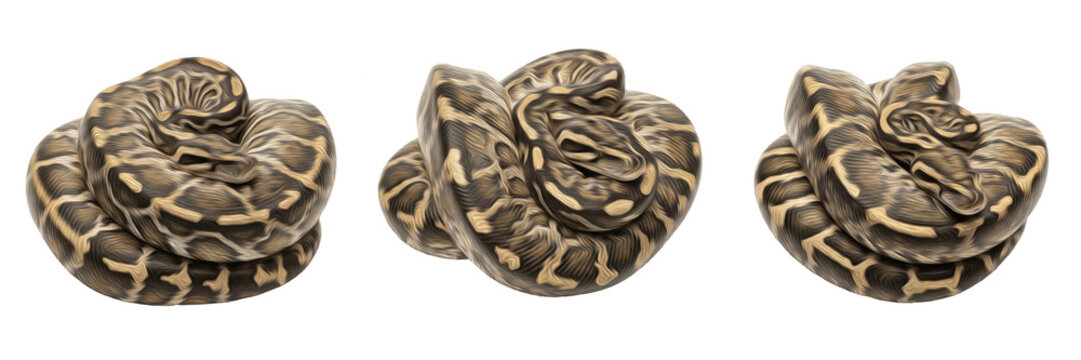 Realistic set of coiled dark patterned ball pythons isolated on white background transparent png