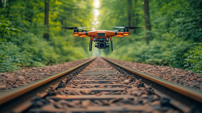 A quadrocopter hangs over railway tracks in a green forest tunnel, a view of the center of the tracks in perspective, a concept of drone filming and infrastructure monitoring.