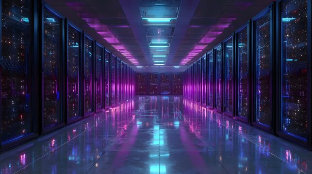 Hyper-realistic photograph of an empty futuristic subterranean data center, featuring endless rows of massive glowing black server racks.