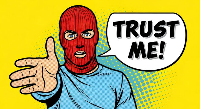 Man wearing a red ski mask with outstretched hand and speech bubble saying trust me. Digital scam, fake, fraud concept.