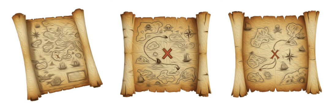 Set of old vintage treasure maps on paper scrolls with pirate routes and cross marks isolated on white background transparent png