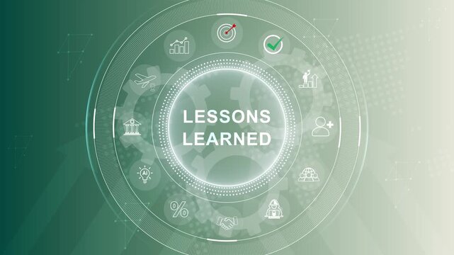 Animated lessons learned concept on blue background with world map and social icons. Social network connections, Connected people nodes. Motion graphics of technology icon interface