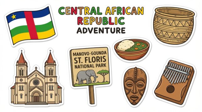 fun central african republic sticker set featuring national flag landmarks traditional food and cultural icons cartoon style