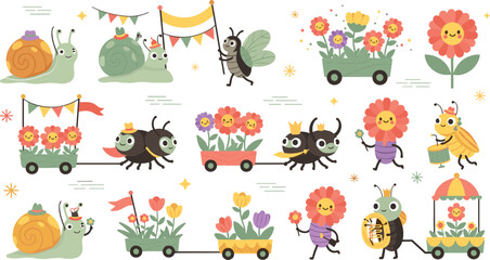 Cute Garden Bugs Festival Parade Cartoon Set with Snails, Beetles, Bees, Flower Carts, and Spring Celebration Characters for Kids Illustration © Sanjida