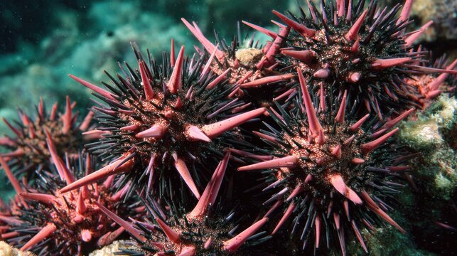 Close up of a cluster of vibrant red sea urchins with sharp spines underwater.